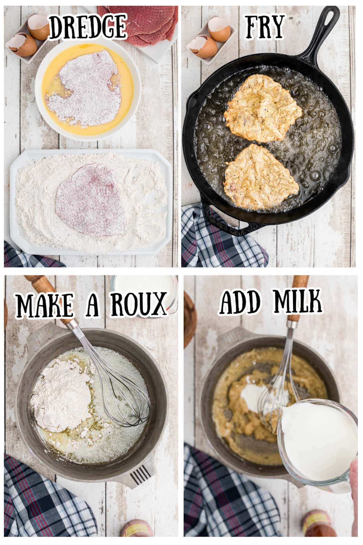 Steps for making chicken fried steak.