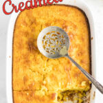 Overhead view of cornbread in a pan with text overlay for Pinterest.