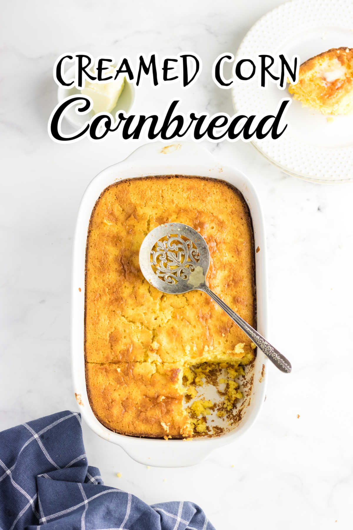 Overhead view of cornbread in a pan with title text overlay.