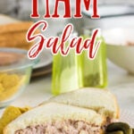 Deviled ham sandwich on a plate with a text overlay for Pinterest.