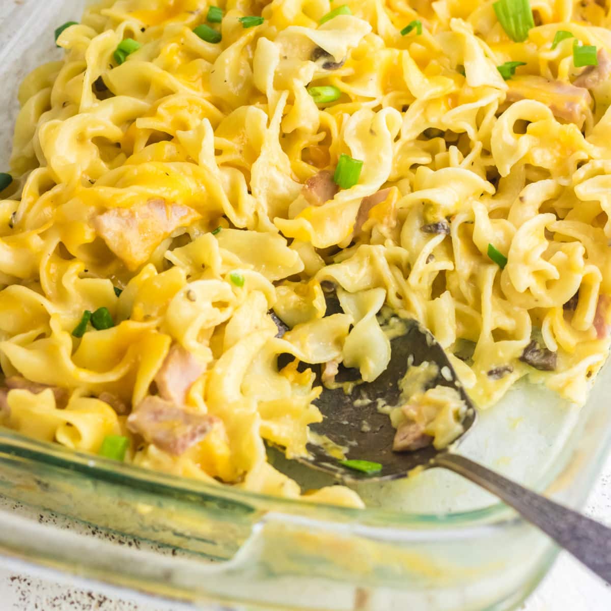 Casserole dish with a spoon in it.