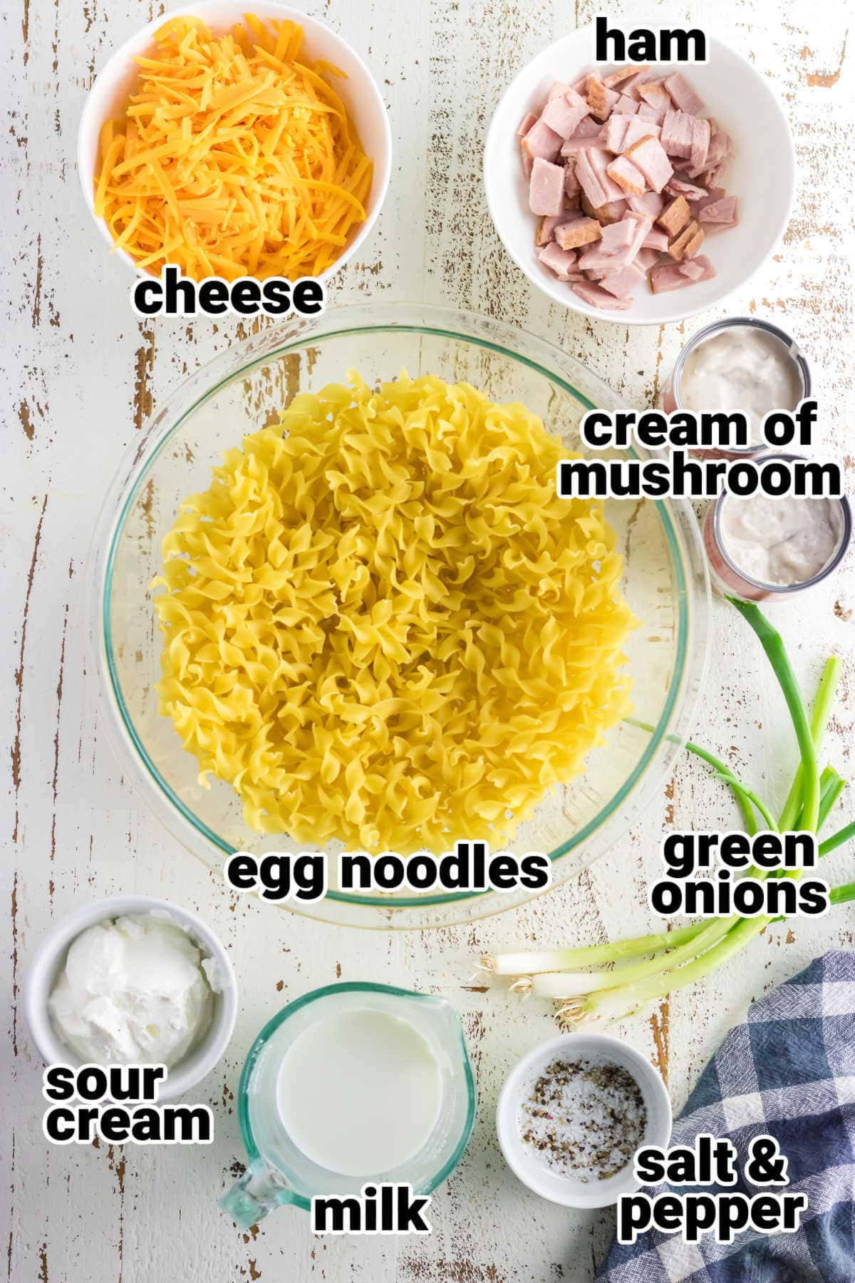 Labeled ingredients for ham and noodle casserole.