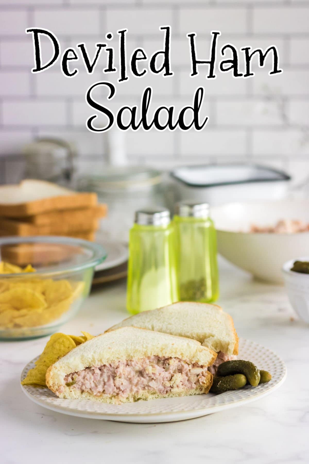 A half ham salad sandwich on a plate with title text overlay.