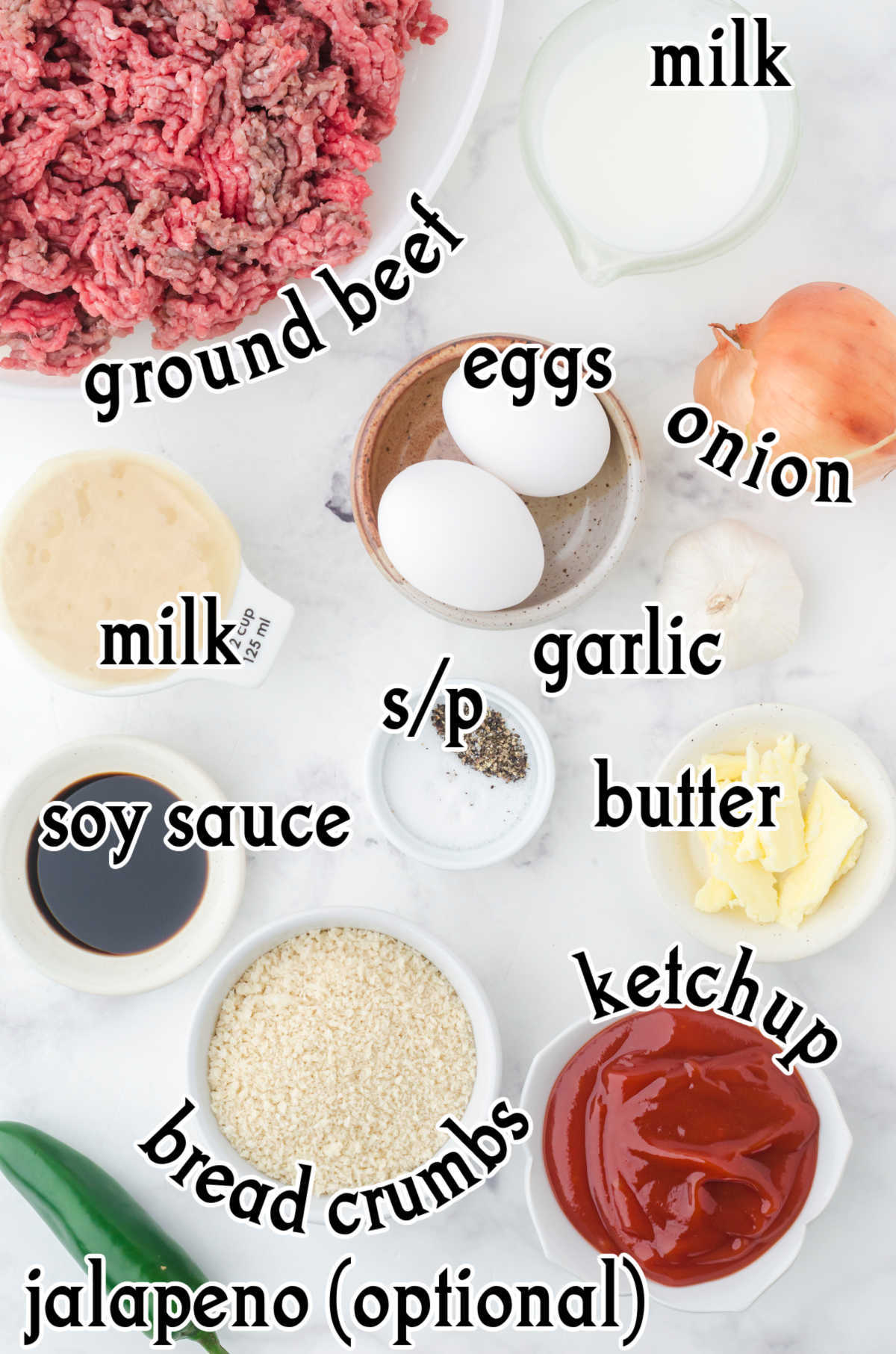 Labeled ingredients for honey garlic meatballs.