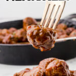A meatball on a fork with a title text overlay for Pinterest