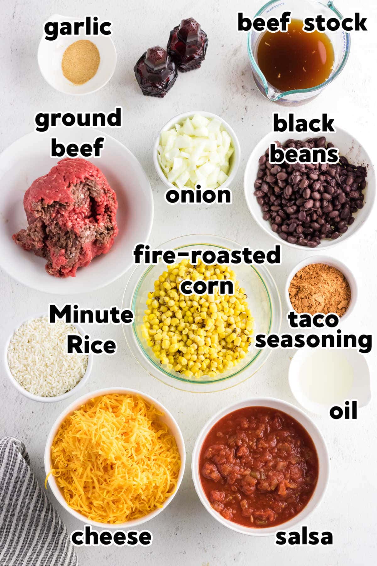 Labeled ingredients for Mexican beef casserole.