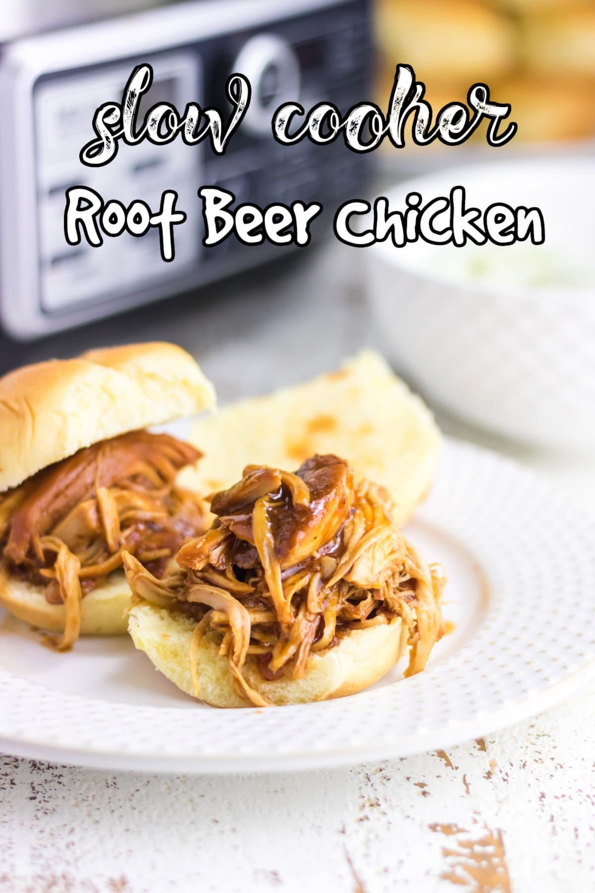 Closeup of a sandwich made with pulled chicken.