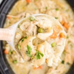 Overhead view of crock pot chicken and dumplings with text overlay for Pinterest.