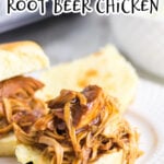 Close up of a pulled chicken sandwich with text overlay for Pinterest.