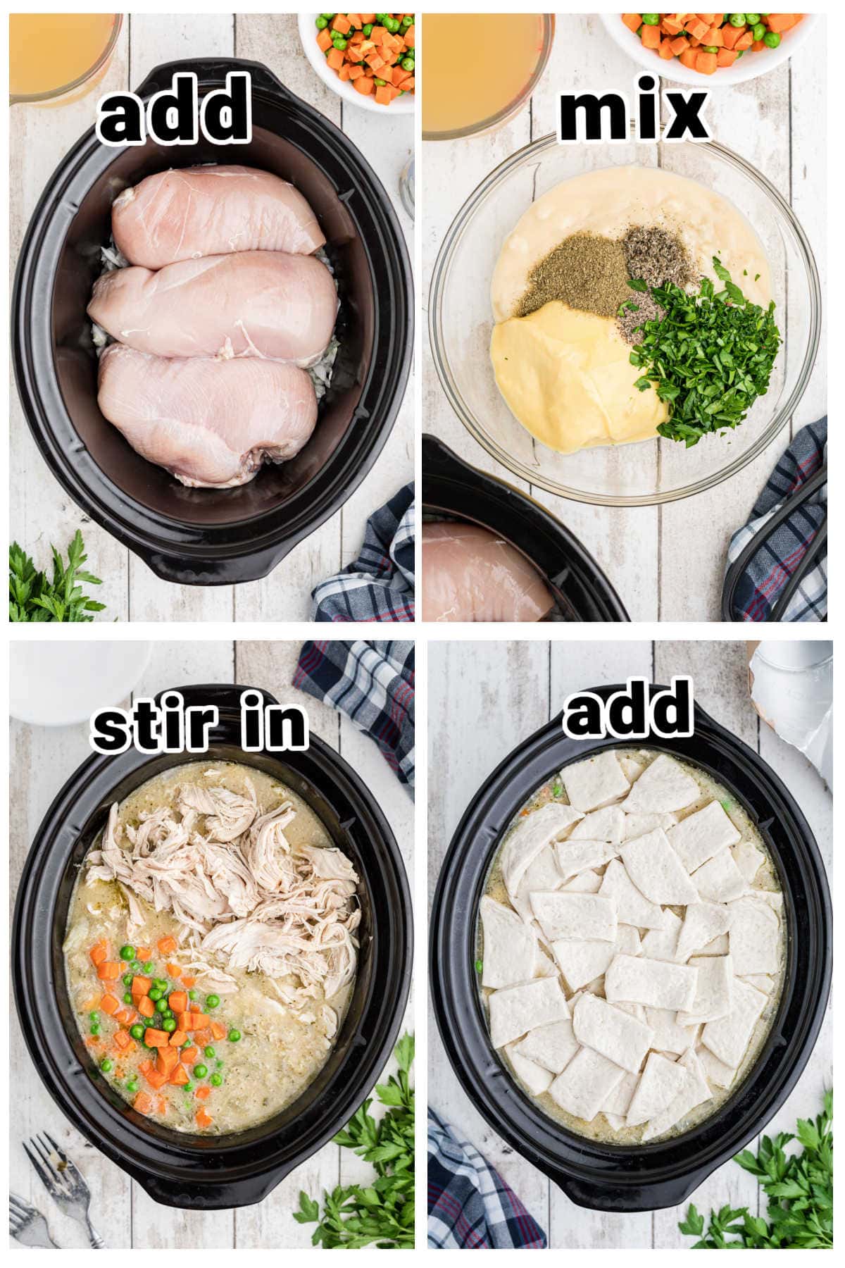 Step by step images showing how to make chicken & dumplings.