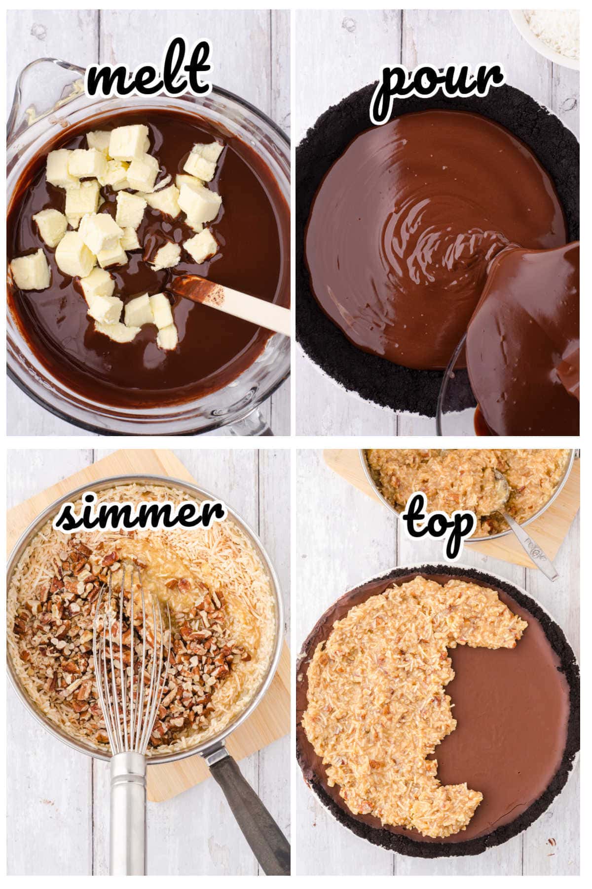 Step by step images showing how to make German chocolate pie.