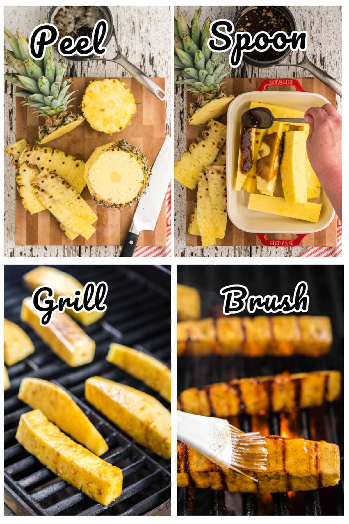 Step by step images showing how to make grilled pineapple.