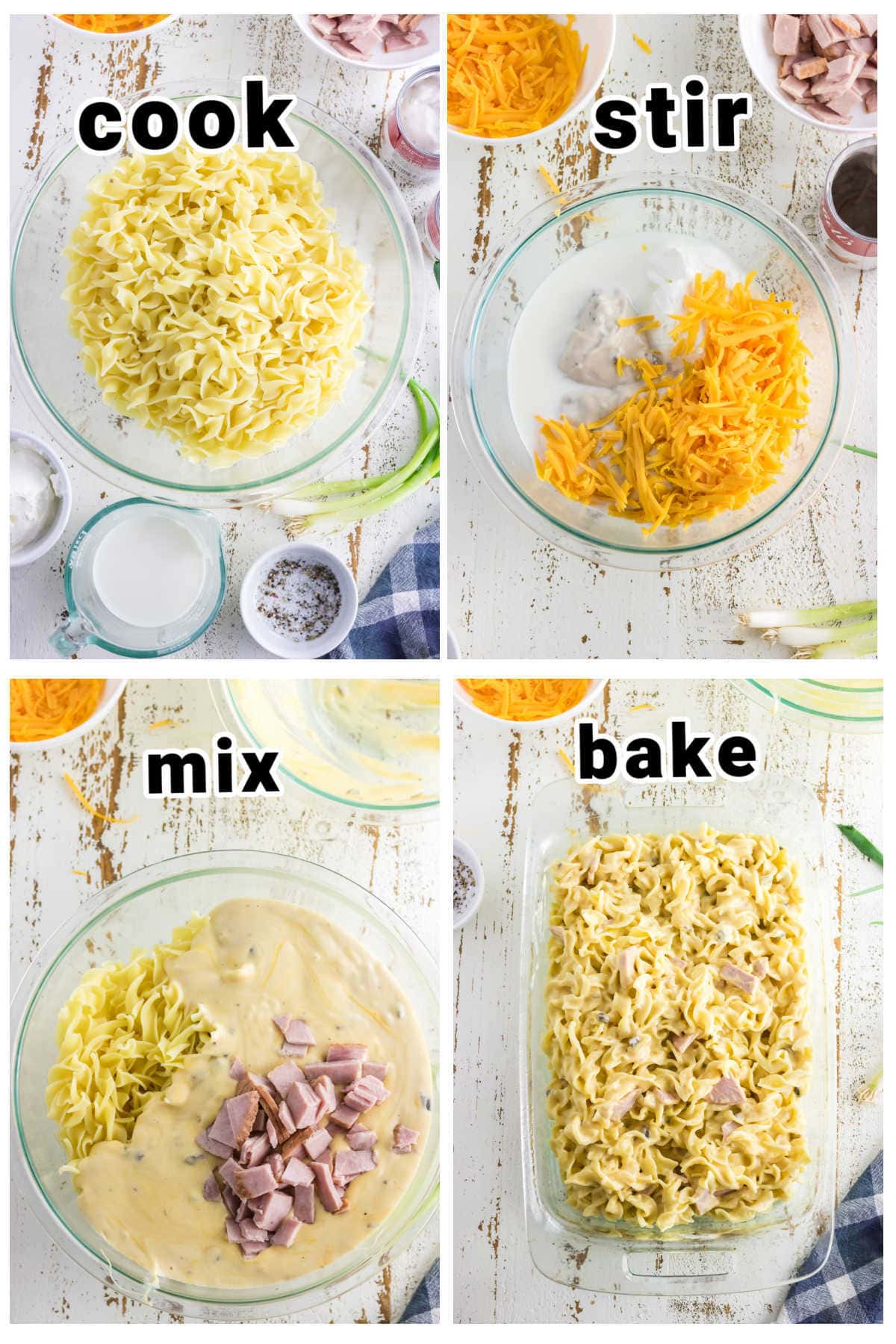 Step by step images showing how to make ham and noodle casserole.