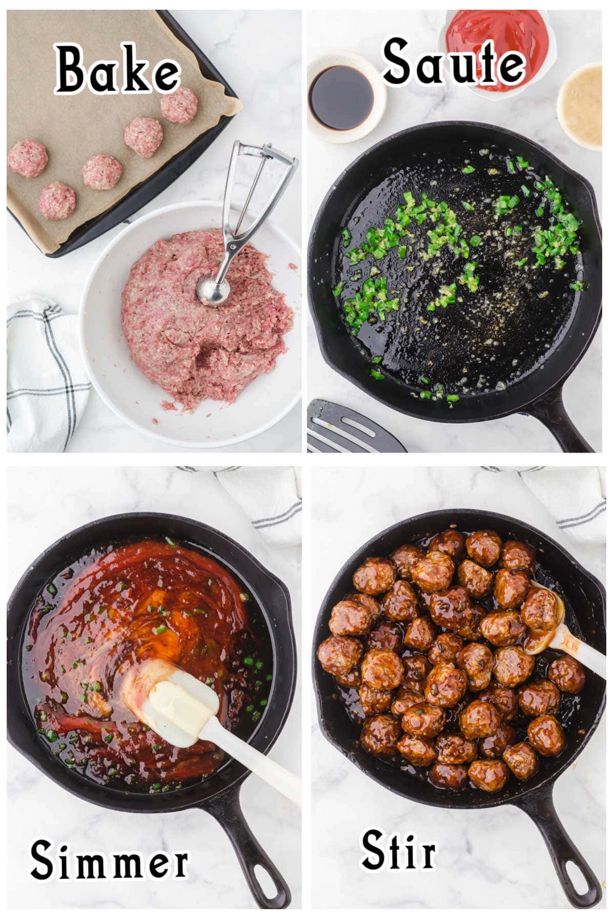 Step by step images showing the process of making the meatballs.