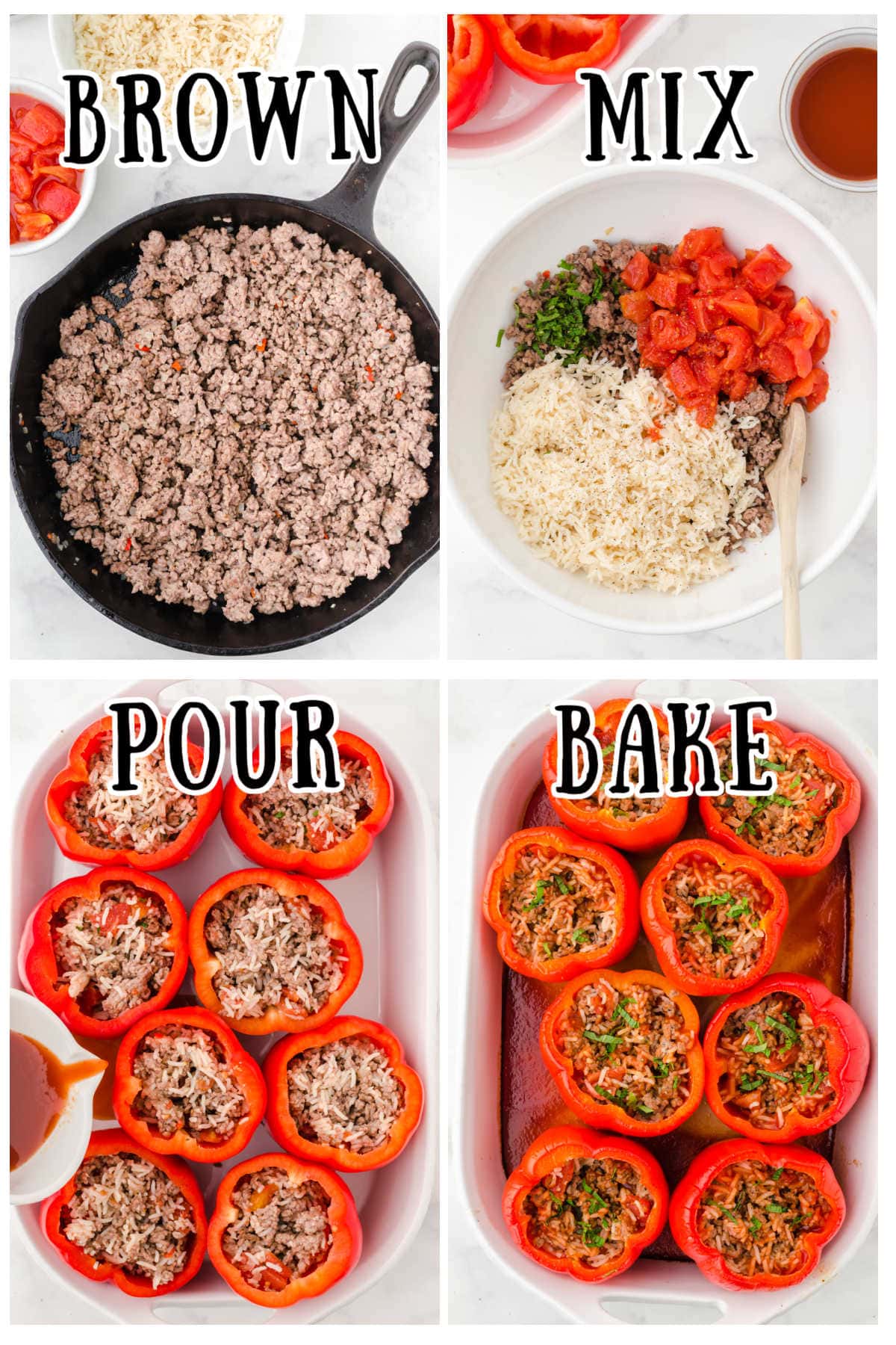Step by step images showing how to make stuffed peppers.