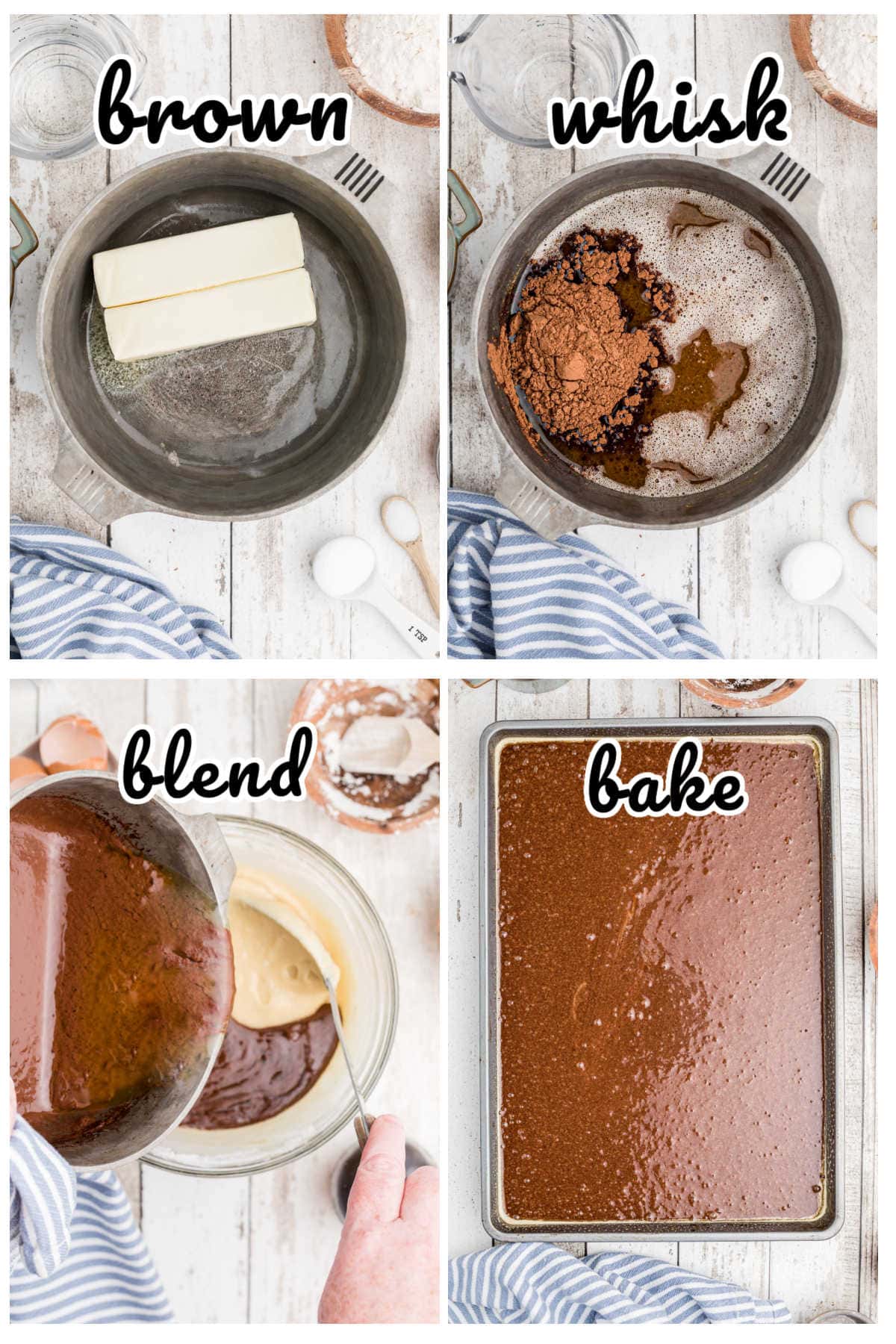 Step by step images showing how to make the Texas Sheet Cake.