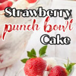 Closeup of a bowl with cake in it and a text overlay for Pinterest.