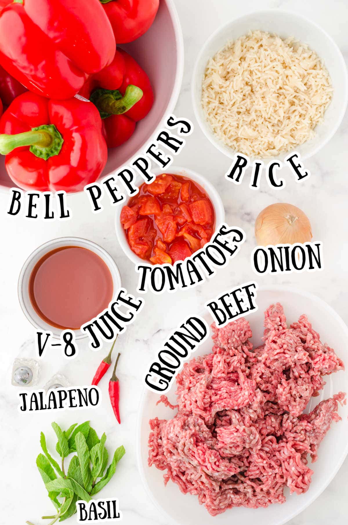 Labeled ingredients for this stuffed pepper recipe.