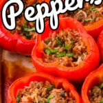 Stuffed peppers in a casserole dish with text overlay for Pinterest.