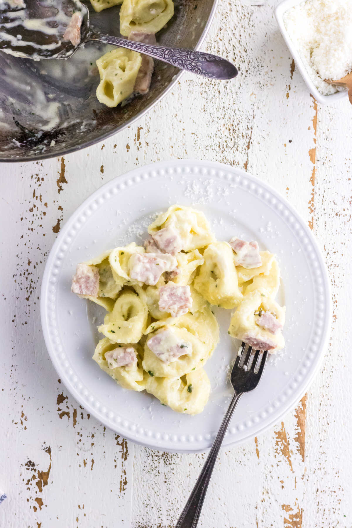 A plate full of tortellini in cream sauce.