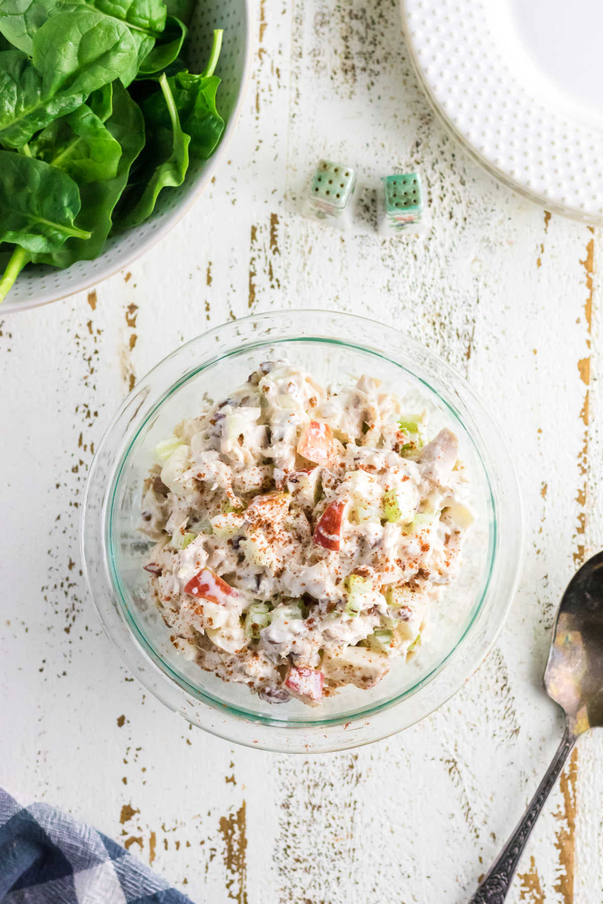 Bowl of tuna salad on a table.