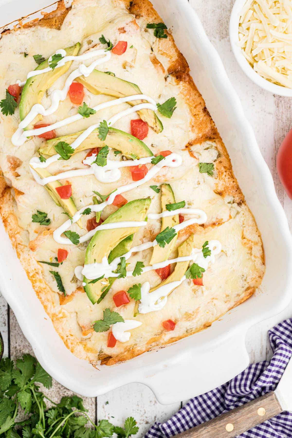 Overhead view of a pan of enchiladas.