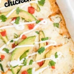 Chicken enchiladas in a dish with text overlay for Pinterest.