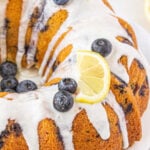 Lemon blueberry bundt cake with a text overlay for Pinterest.