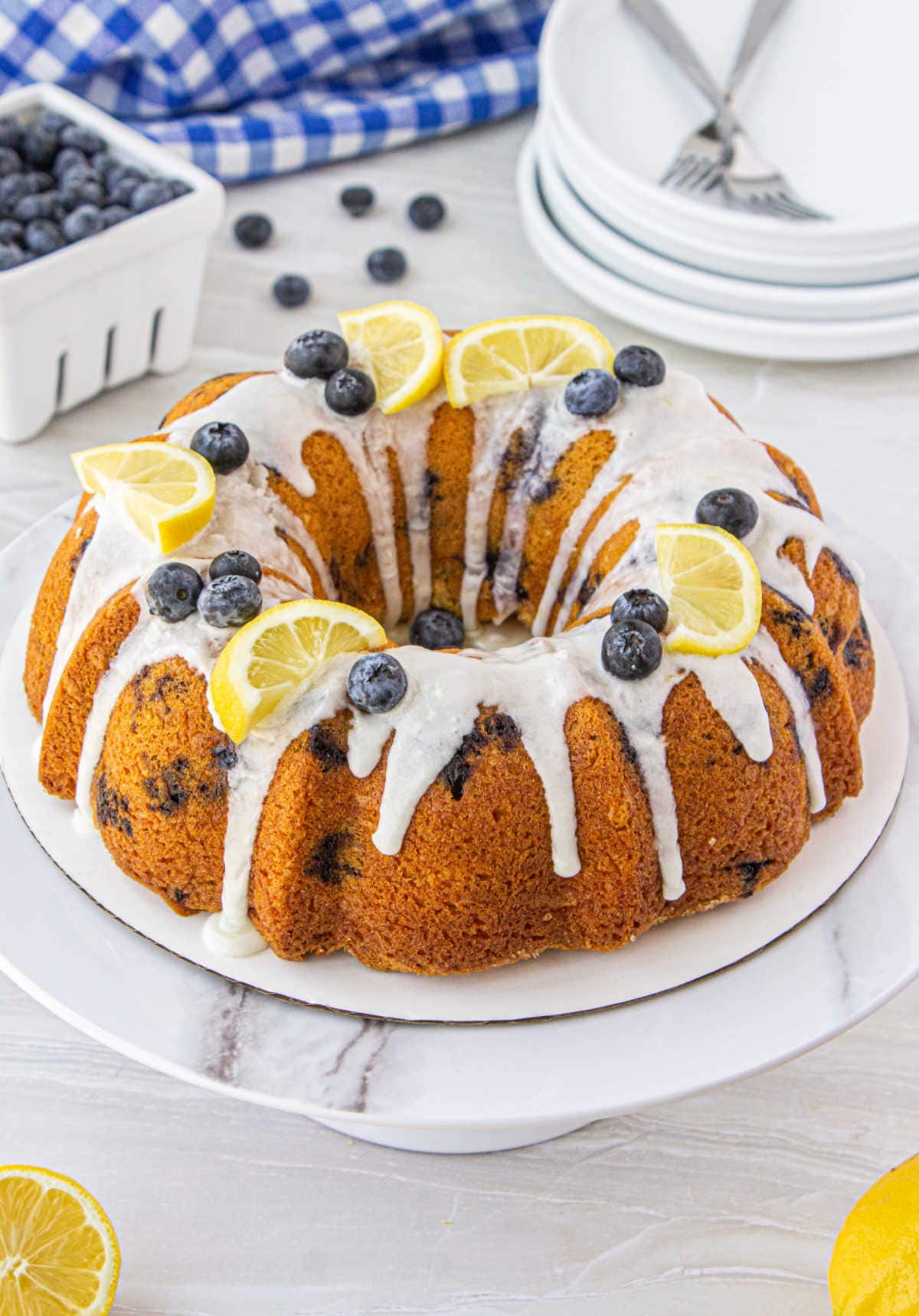 Lemon blueberry bundt cake on the table.