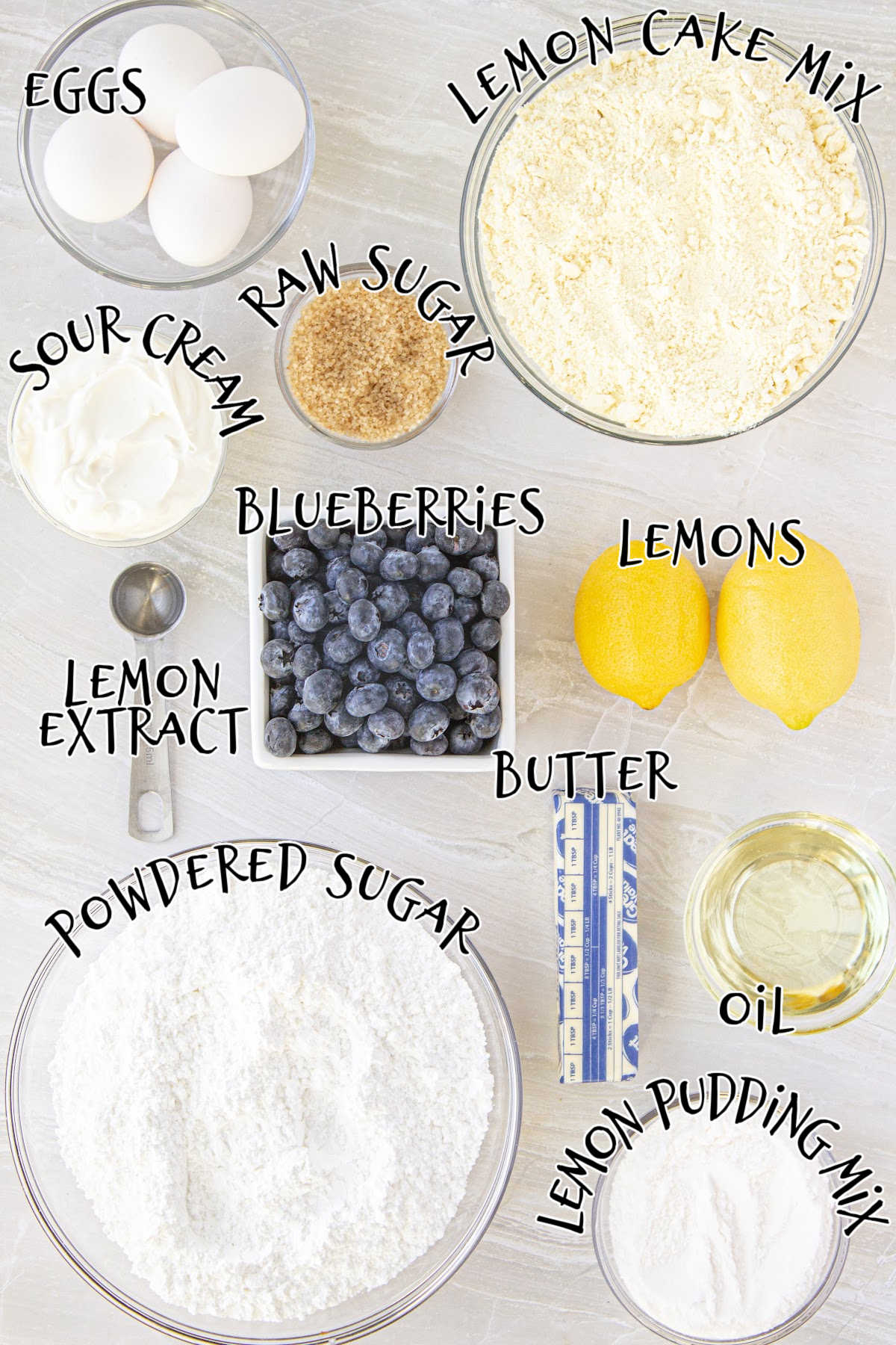 Ingredients for lemon blueberry bundt cake.