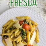 Overhead view of pasta on a plate with text overlay for Pinterest.