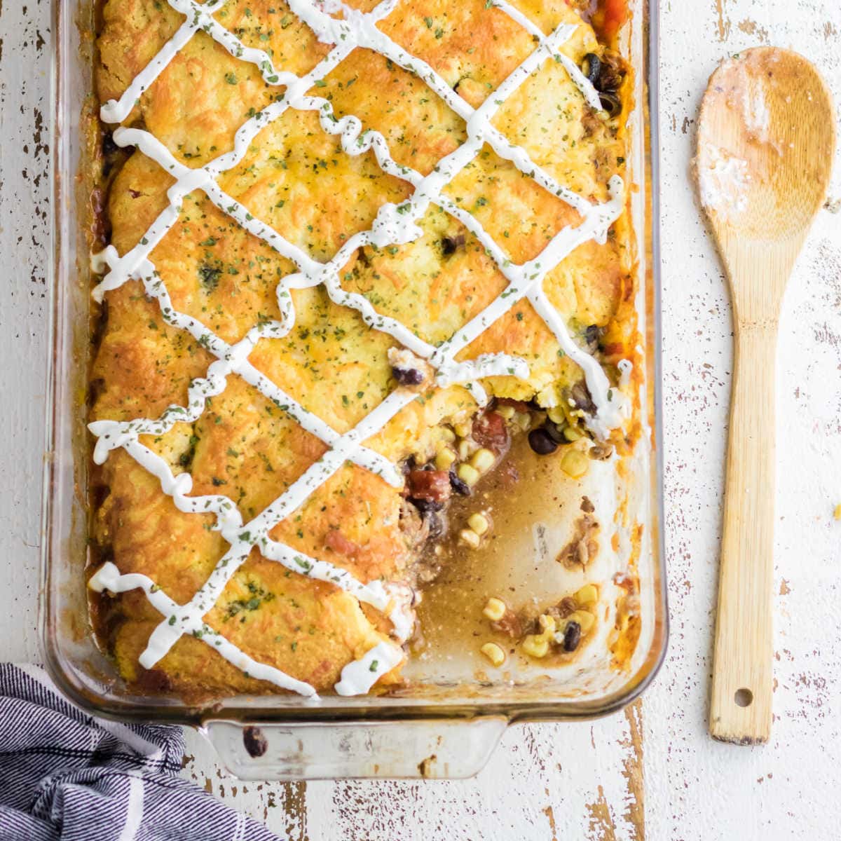 Overhead view of pulled pork casserole with serving removed for feature image.