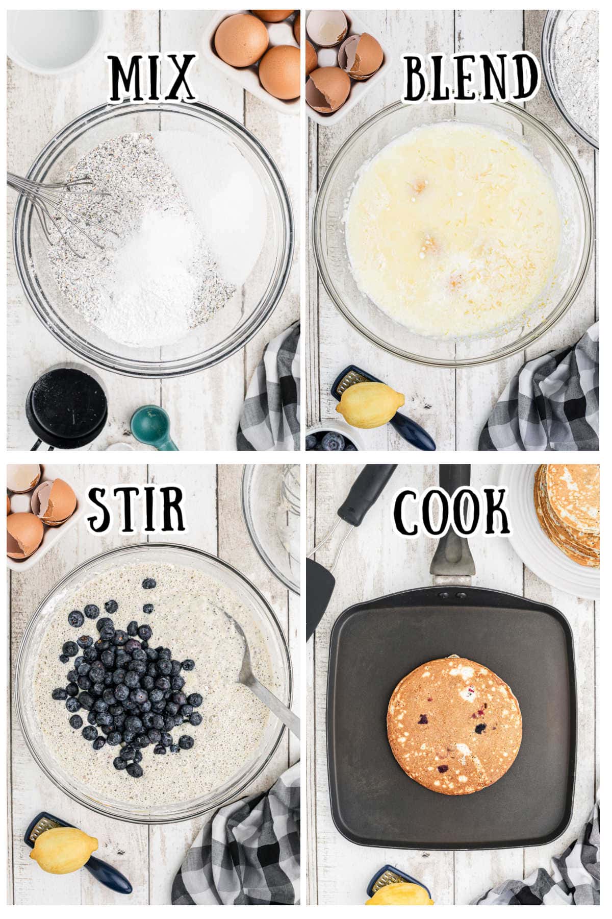 Step by step images for blueberry pancakes.