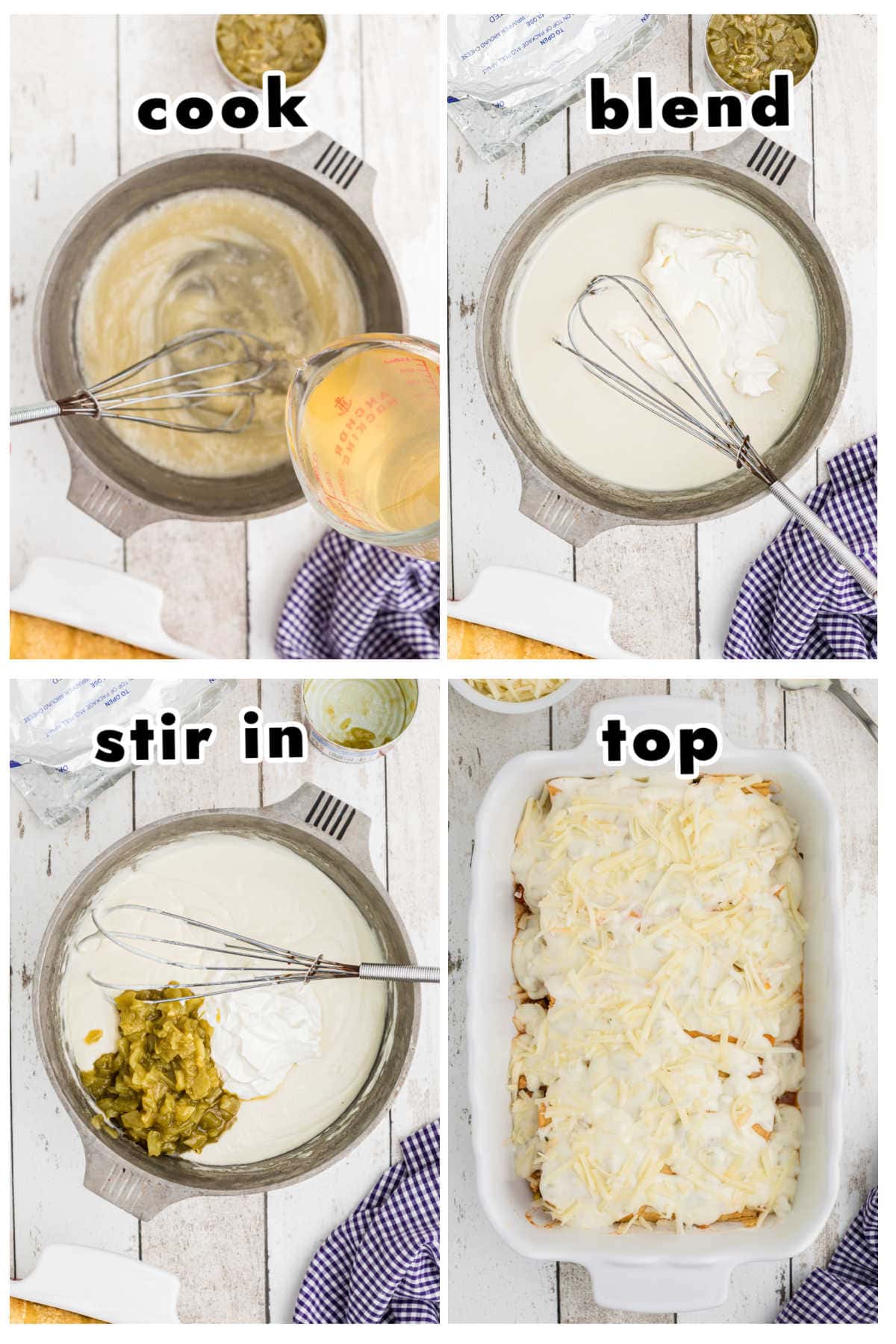 Step by step images showing how to make cream sauce for enchiladas.