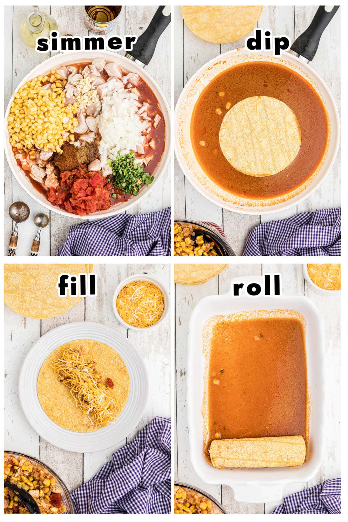 Step by step images showing how to assemble chicken enchiladas.