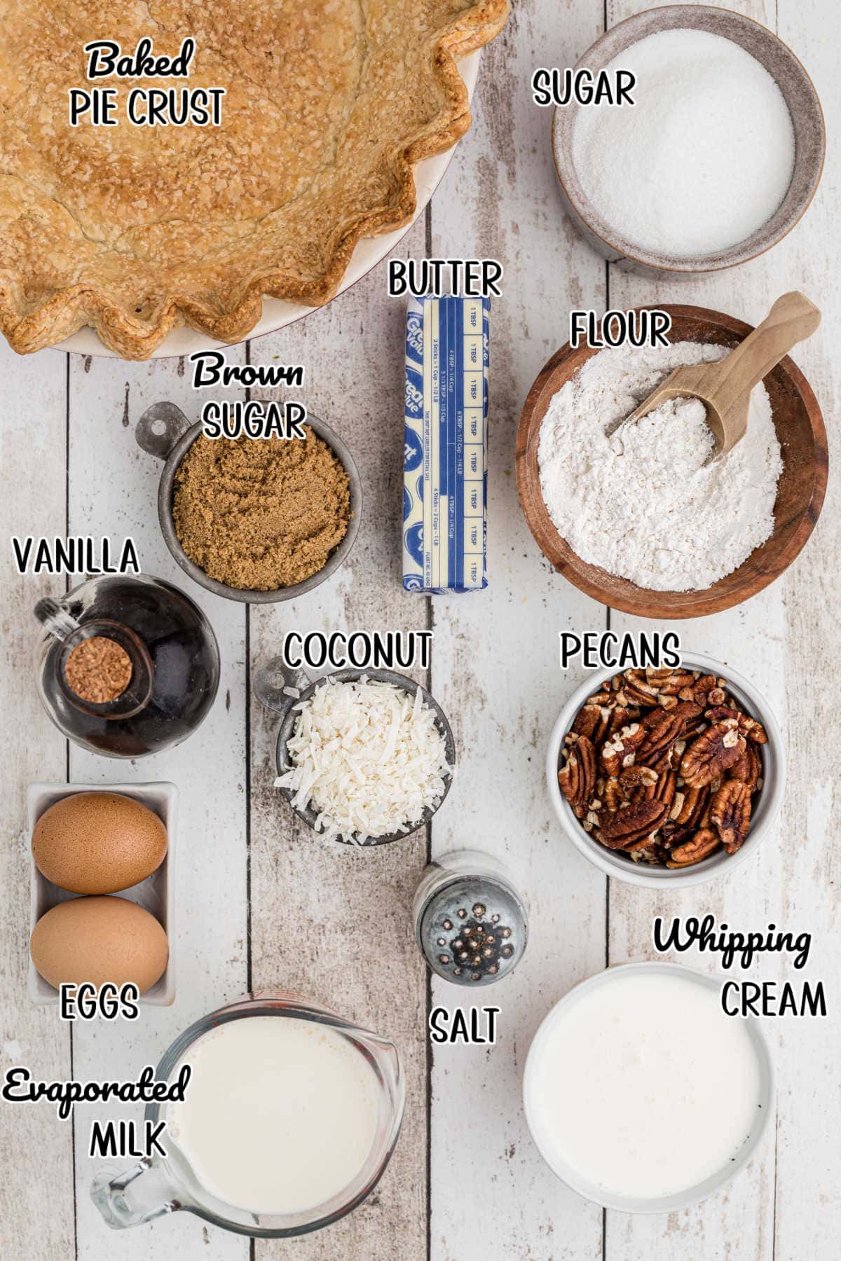 Ingredients for coconut praline pie.