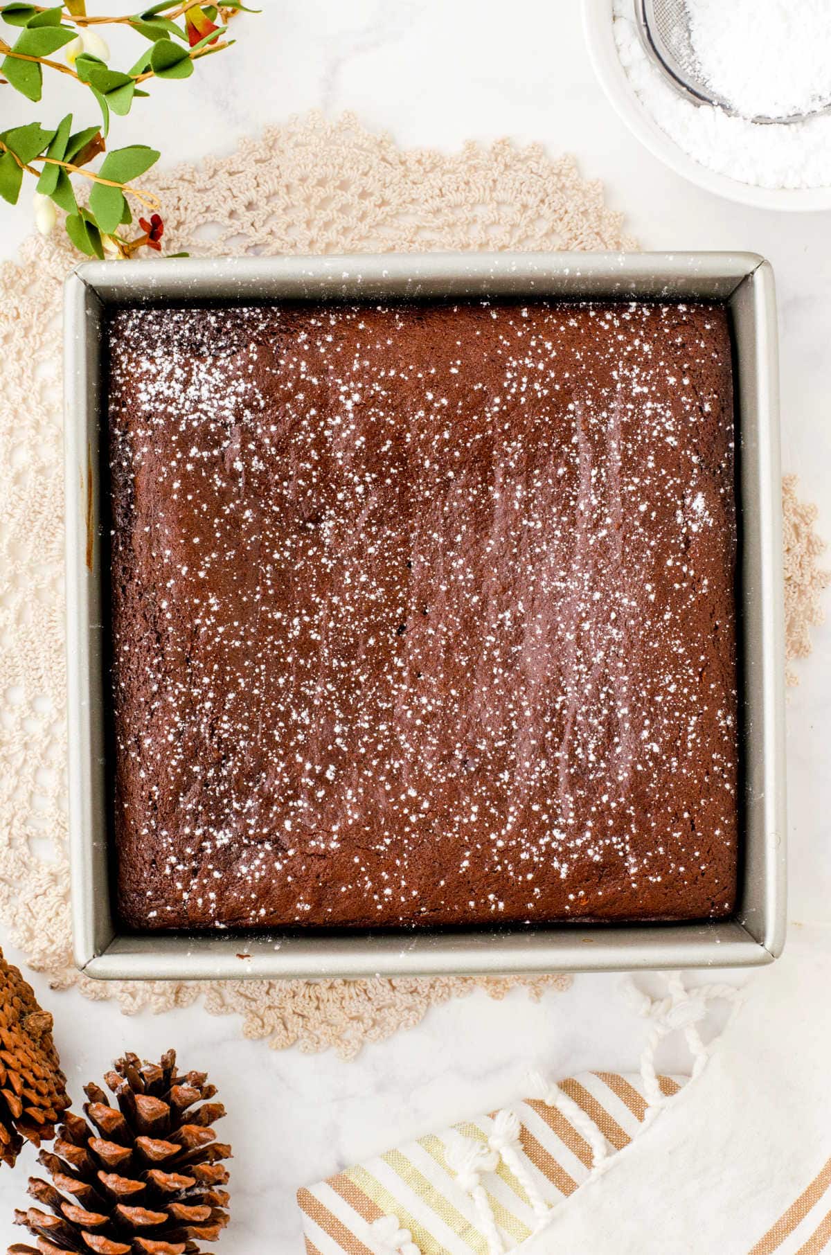 Overhead view of finished gingerbread in the baking pan.