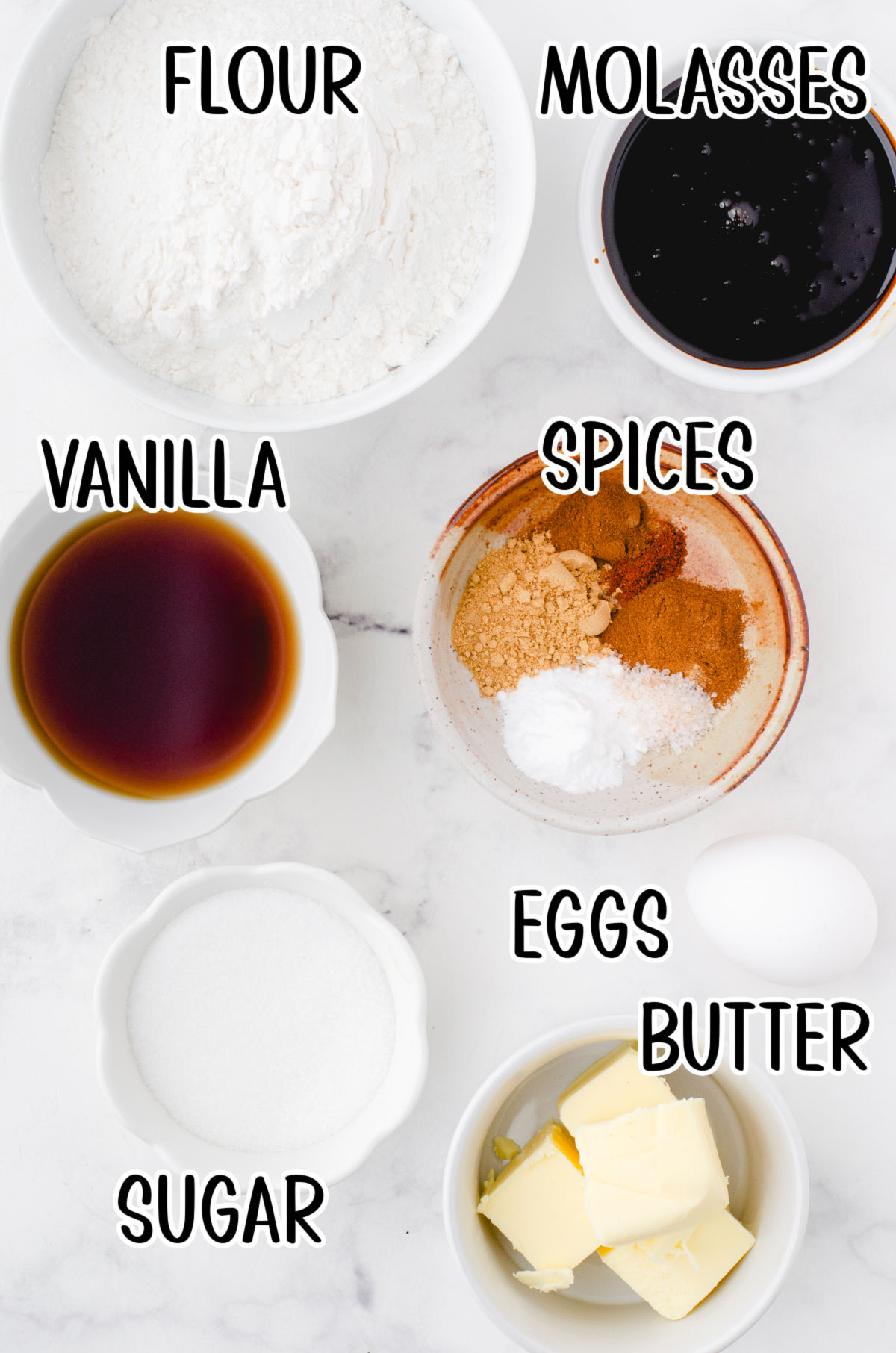 Labeled ingredients for gingerbread.