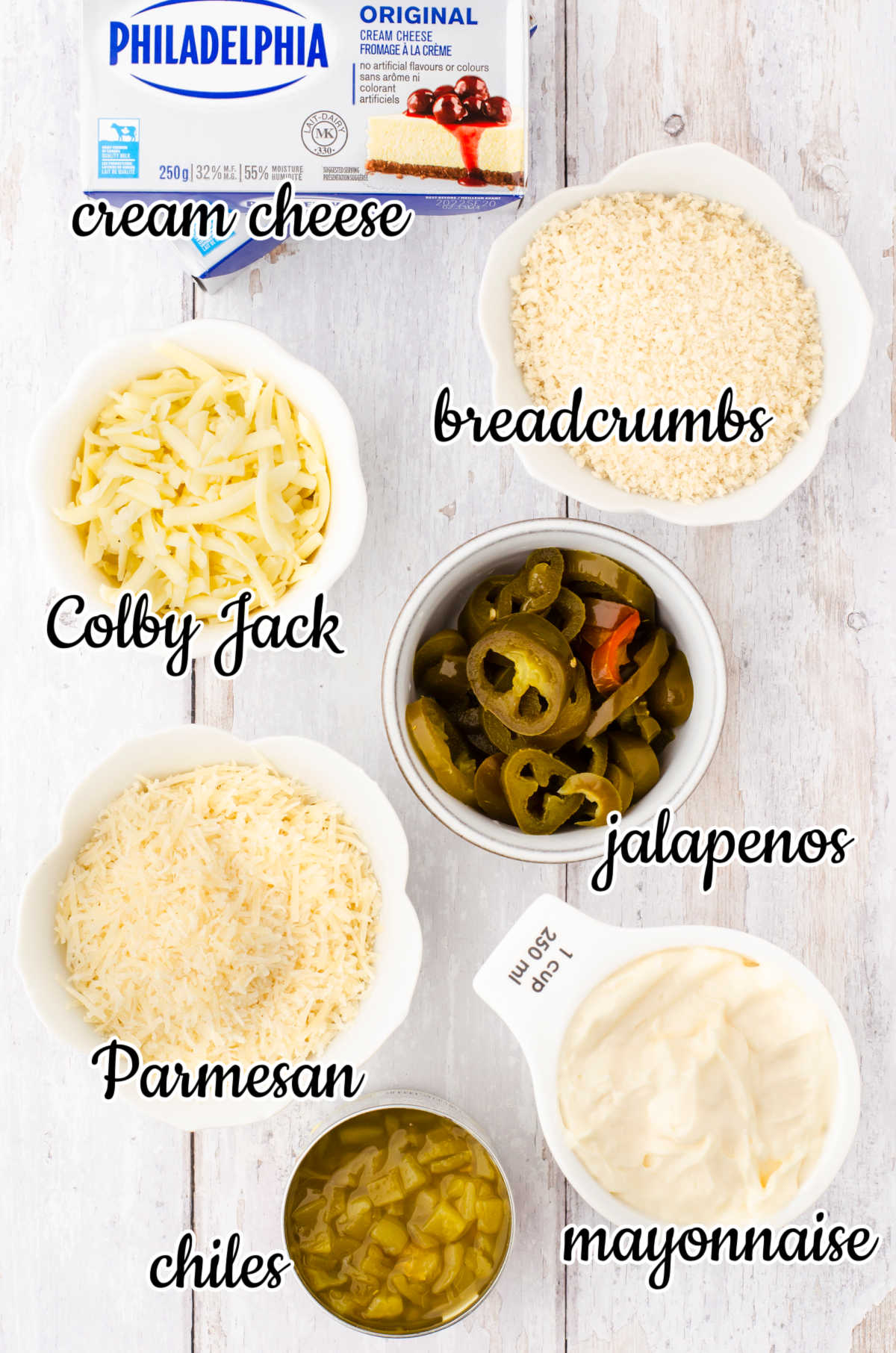 Labeled ingredients for jalapeno popper dip.