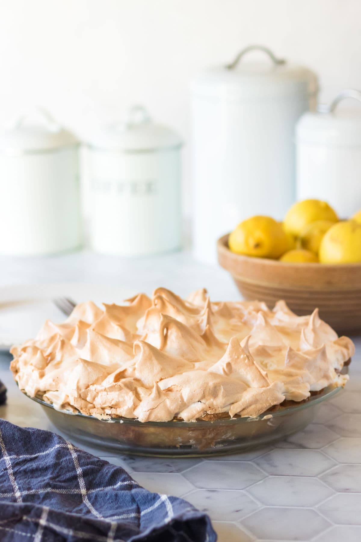 Lemon meringue pie in pan.