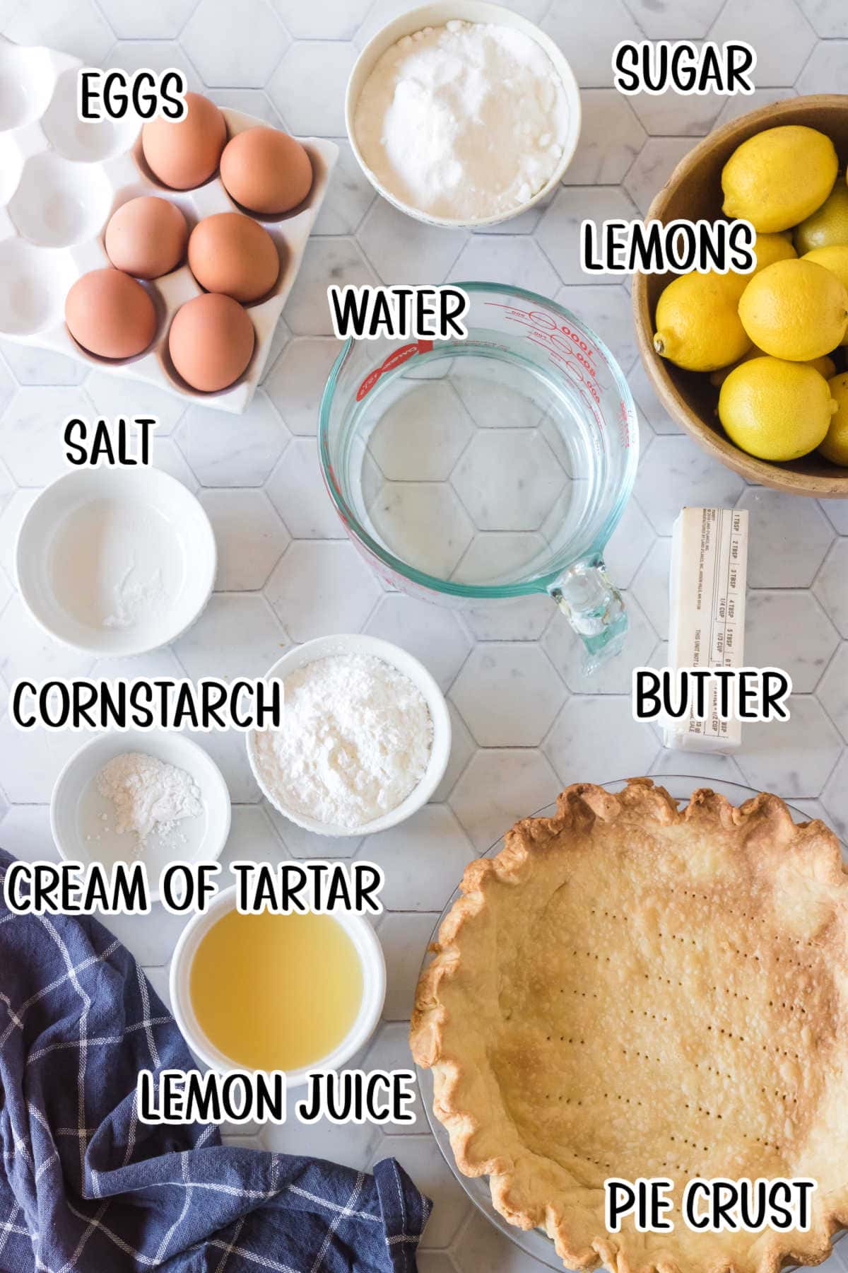 Labeled ingredients for lemon meringue pie.