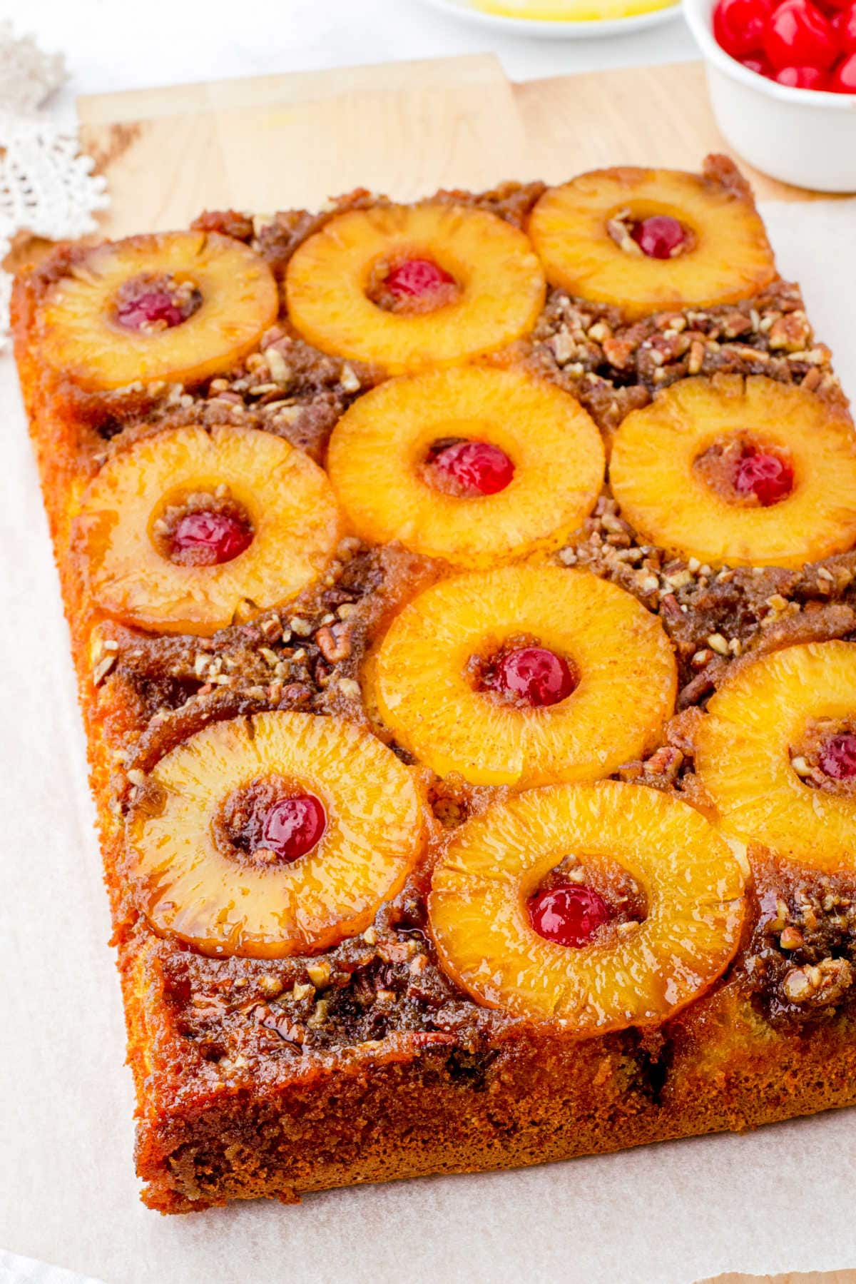 Overhead view of pineapple upside down cake.