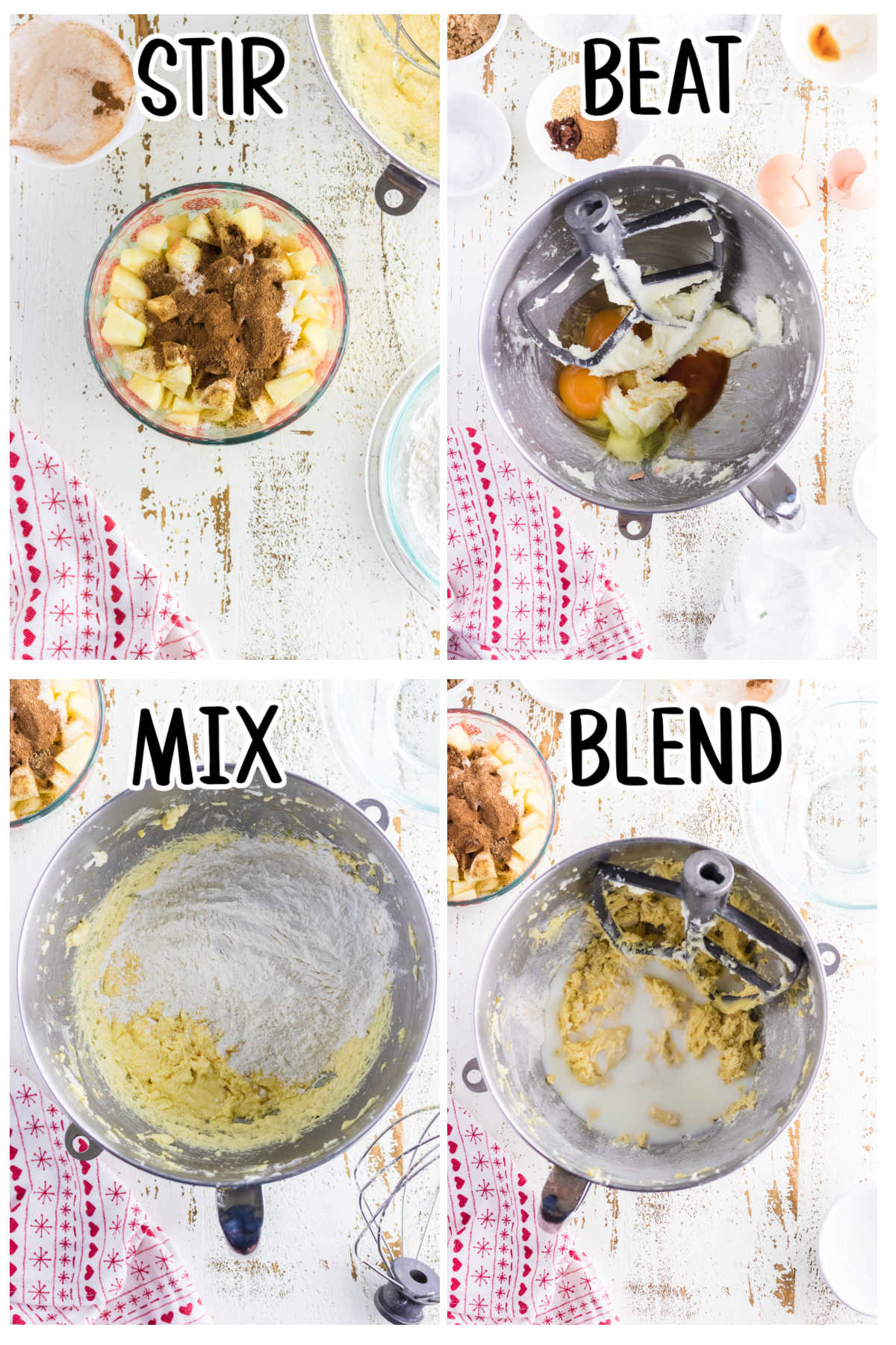Step by step images showing how to mix the. batter for apple bread.
