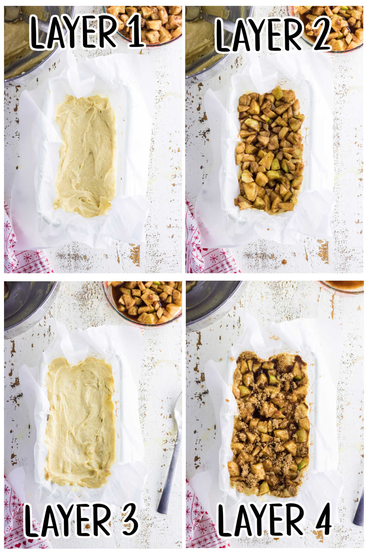 Step by step images showing how to layer apple fritter bread.