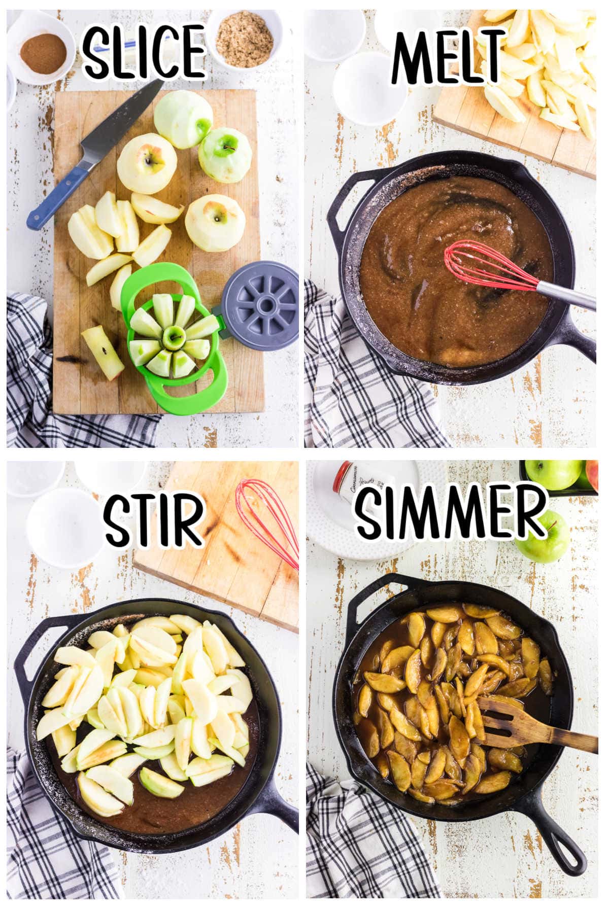 Step by step images showing how to make fried apples.