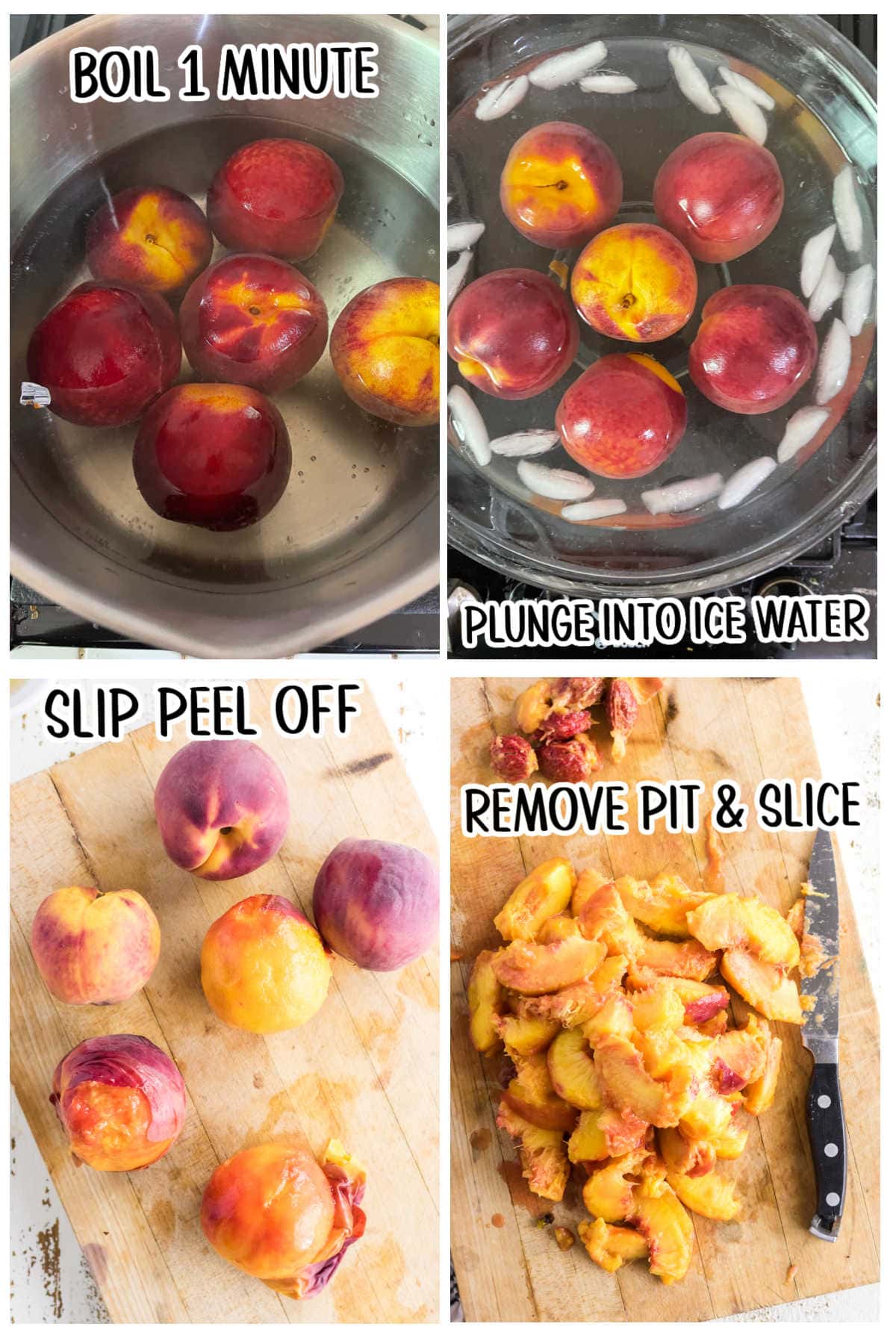 Step by step images showing how to remove peels from peaches using a hot water bath.
