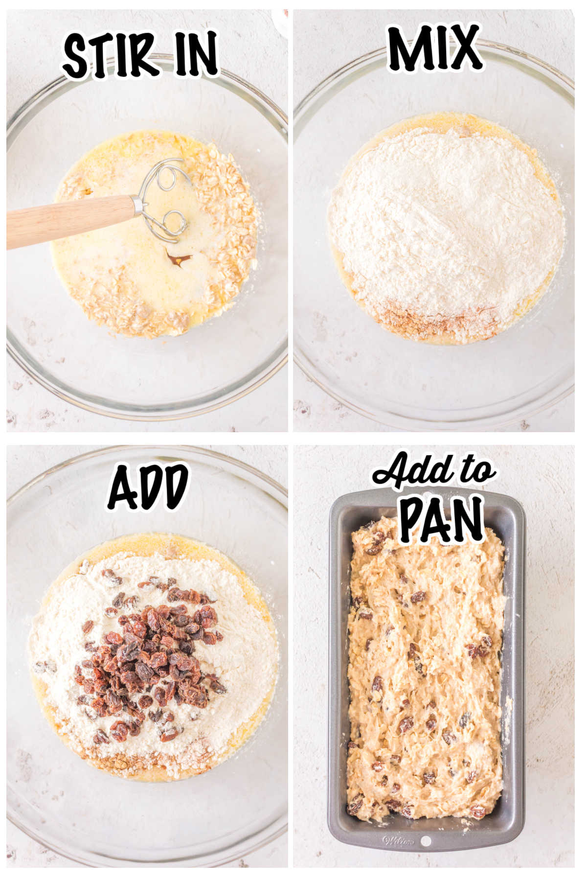 Steps for mixing the dough for raisin bread.