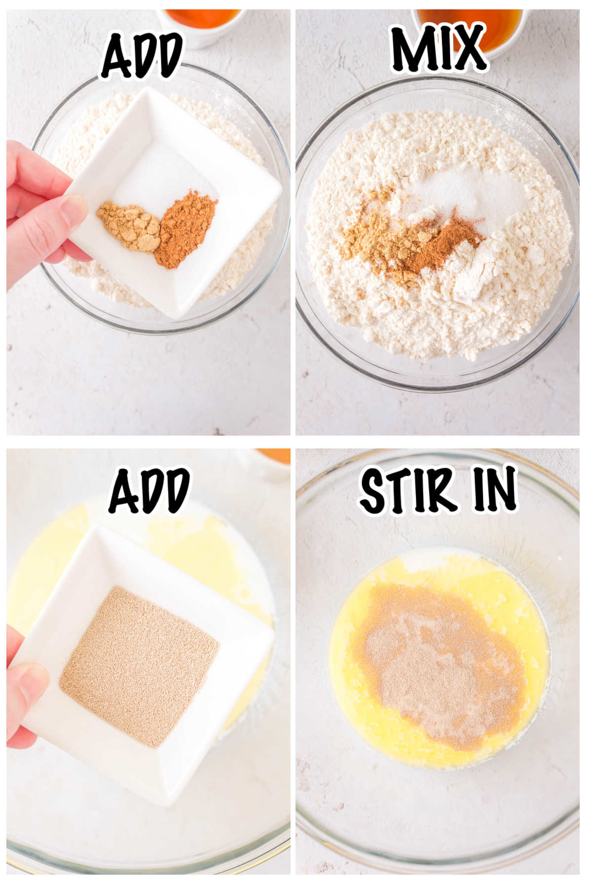 Steps for adding the yeast to the dough.