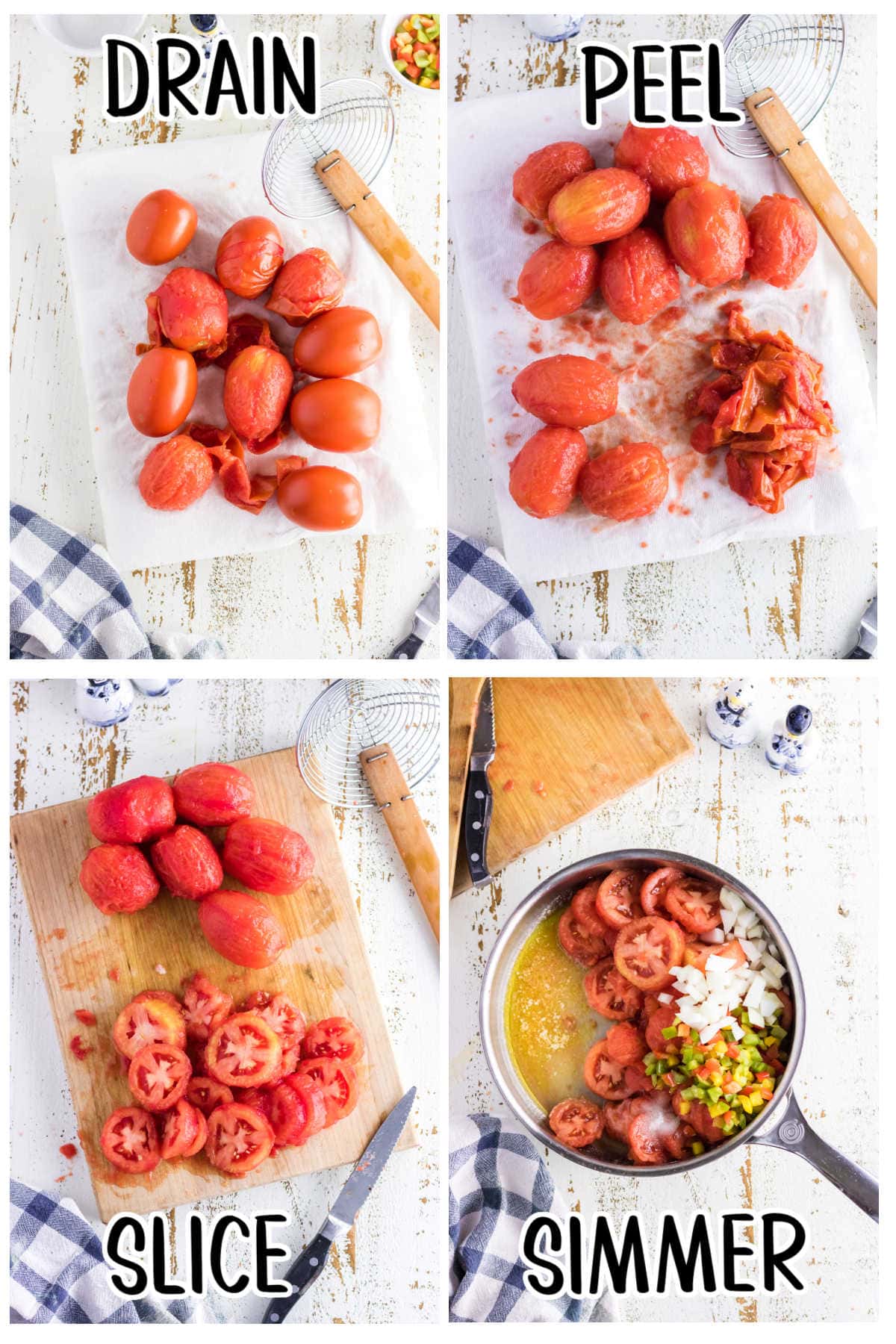 Step by step images showing how to make stewed tomatoes.