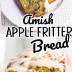 Two views of apple bread in a collage with text overlay for Pinterest.
